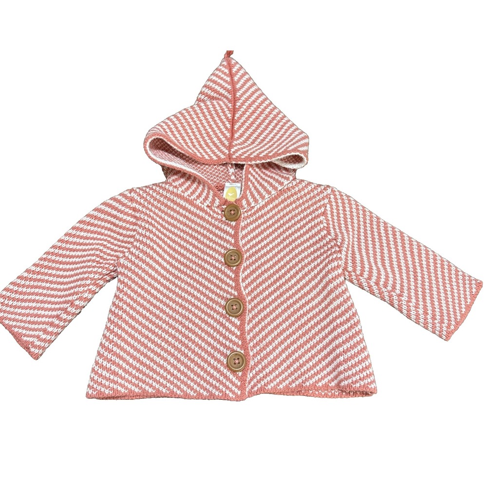 BABY STEM ORGANICS Coral Cream Hooded Button Down Sweater 3 months EUC